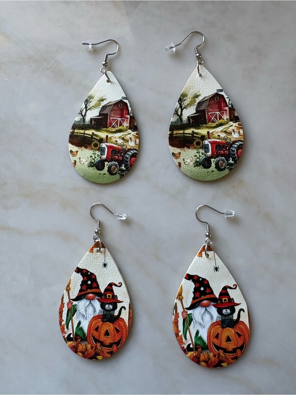 Halloween Pumpkin & Farm Tractor Barn Teardrop Earrings - Faux Leather Double
